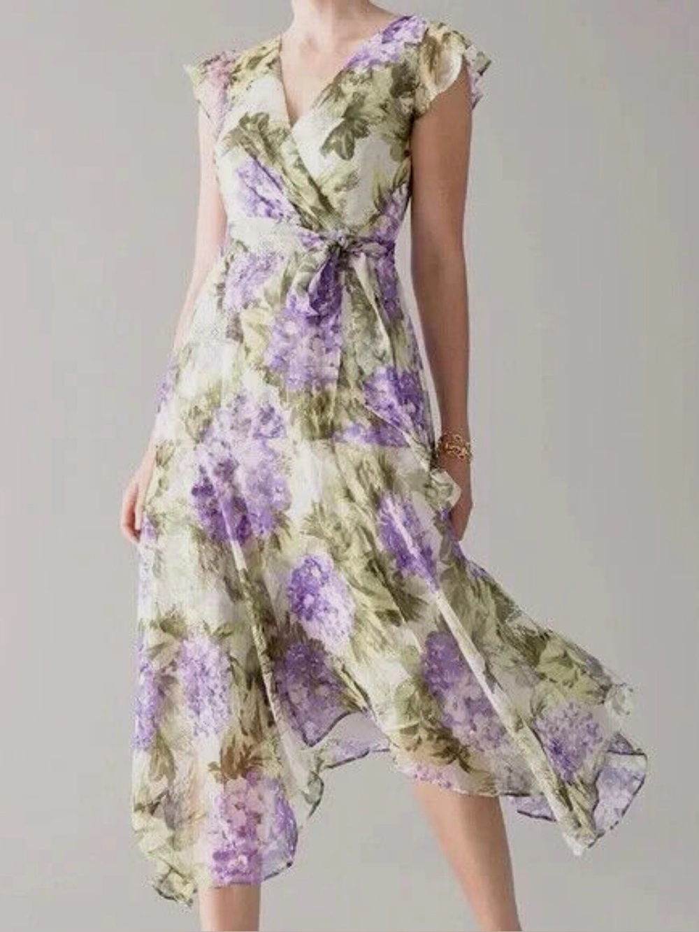 NWT White House Black Market Flutter Sleeve Hydrangea High Low Dress Size 0 $180